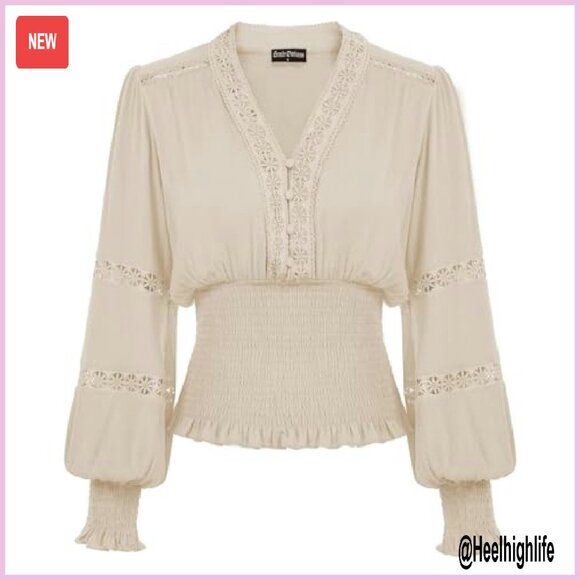 Renaissance Boho Blouse Long Sleeve V Neck Smocked Peasant Top - Picture 2 of 8